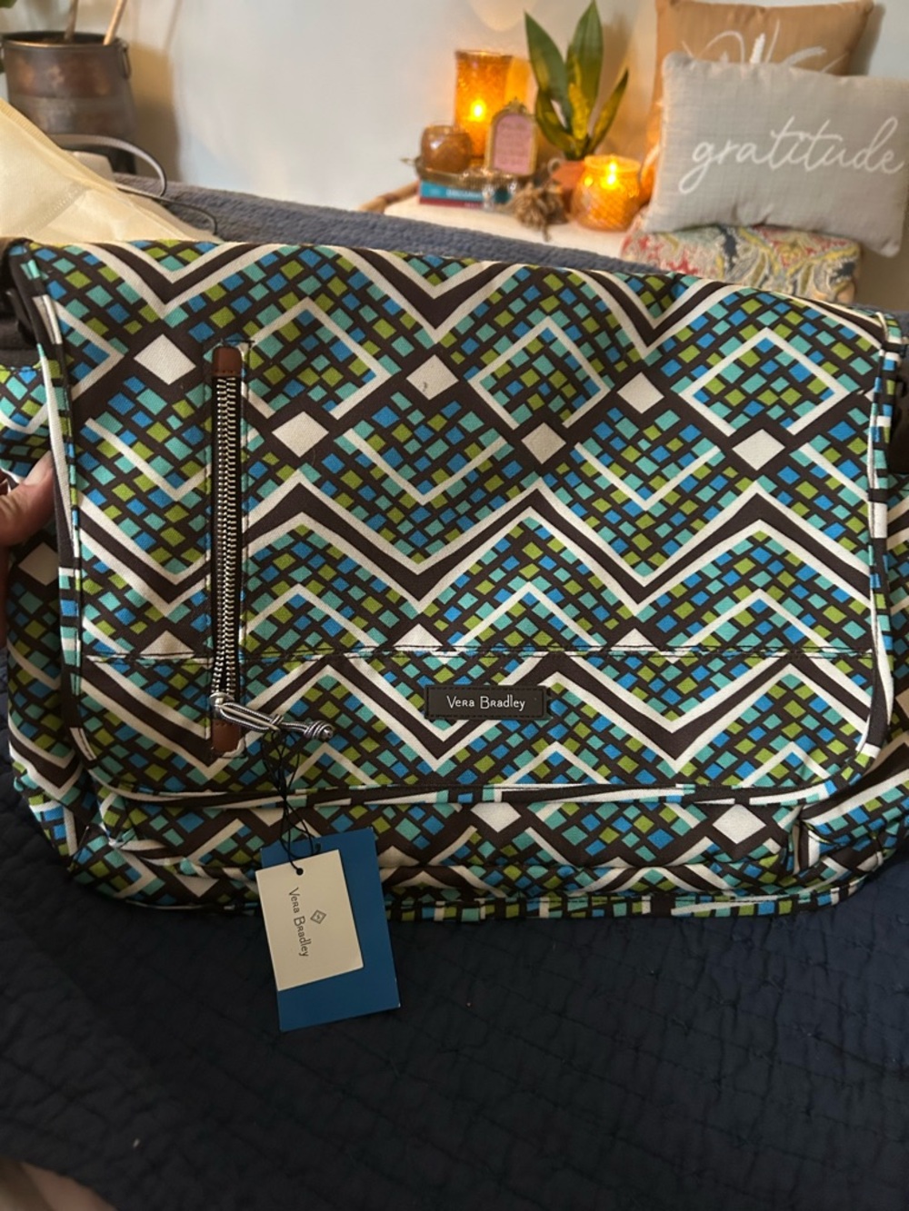 Vera Bradley Blue, Green & White Geometric Messenger Bag